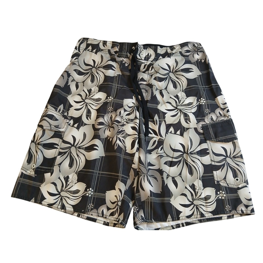 Hang Ten Swim Trunks Men Liner Removed Board Shorts Floral Plaid Pattern L #510C
